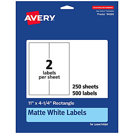 Avery® Permanent Labels, 94266-WMP250, Rectangle, 11" x 4-1/4", White, Pack Of 500