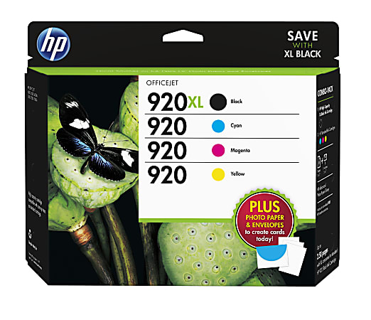 HP 920XL/920 High-Yield Black And Tri-Color Ink Cartridges With Media Kit Pack, Pack Of 2, D8J68FN