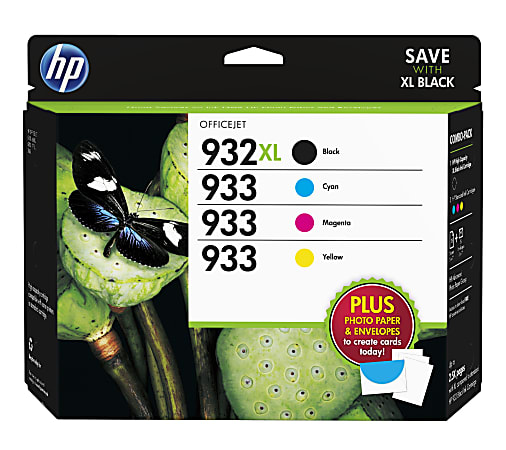 HP 932XL/933 High-Yield Black And Cyan, Magenta, Yellow Ink Cartridges With Media Kit Pack, Pack Of 4, D8J69FN