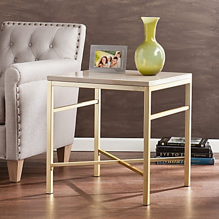 Southern Enterprises Orinda End Table, Square, Faux Travertine/Matte Brass