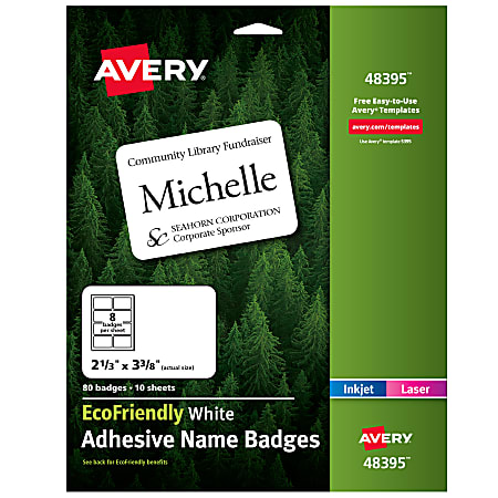 Avery® EcoFriendly 100% Recycled Name Badges, 2 1/3" x 3 3/8", White, Pack Of 80