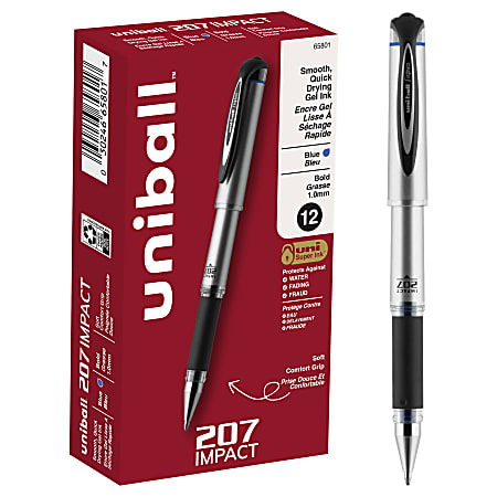 uni-ball® 207™ Impact™ Gel Pens, Bold Point, 1.0 mm, Blue; Gray Barrel, Blue Ink, Pack Of 12
