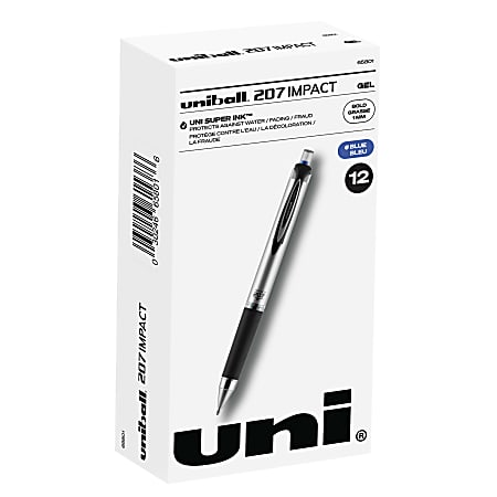uni-ball® 207™ Impact™ Gel Pens, Bold Point, 1.0 mm, Blue; Gray Barrel, Blue Ink, Pack Of 12