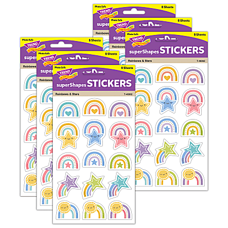 TREND superShapes Stickers, Large, Rainbows & Stars, 120 Stickers Per Pack, Bundle Of 6 Packs