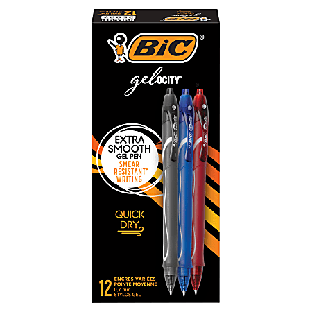 BIC® Gel-ocity Quick Dry Retractable Gel Pens, Medium Point, 0.7 mm, Black/Blue/Red Barrels, Black/Blue/Red Inks, Pack Of 12