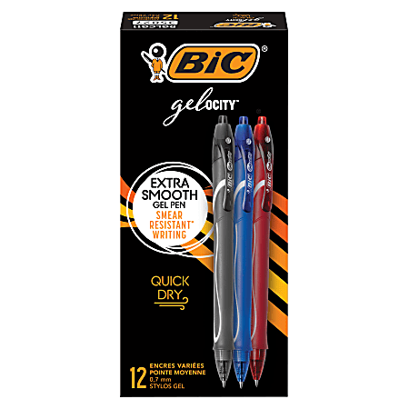 BIC Gel ocity Quick Dry Retractable Gel Pens Medium Point 0.7 mm  BlackBlueRed Barrels BlackBlueRed Inks Pack Of 12 - Office Depot