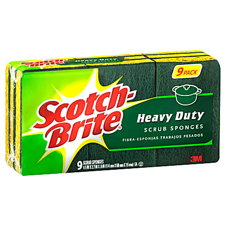 Scotch-Brite™ Heavy-Duty Scrub Sponges, Green/Yellow, Pack Of 9