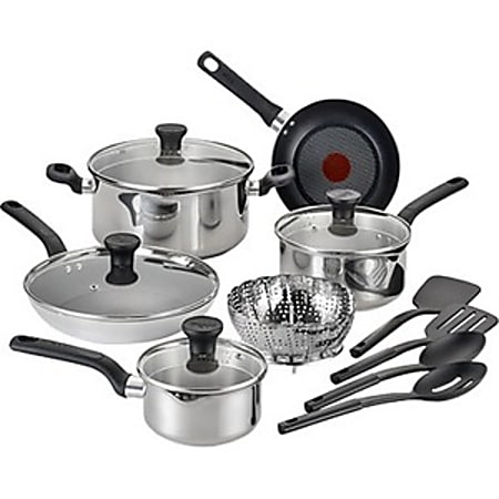 T-Fal Excite Cookware - 8" Diameter Frying Pan, Saucepan, 2 quart Saucepan, 5 quart Dutch Oven, Steamer Insert, Measuring Spoon, Frying Pan, Lid - Stainless Steel, Phenolic Handle - Cooking, Frying - Dishwasher Safe - Oven Safe - Silver