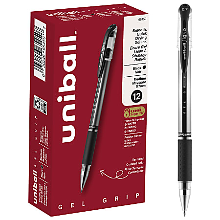 uni-ball® Gel Grip™ Pens, Medium Point, 0.7 mm, Clear Barrel, Black Ink, Pack Of 12