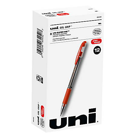 uni-ball® Gel Grip™ Pens, Medium Point, 0.7 mm, Clear Barrel, Red Ink, Pack Of 12