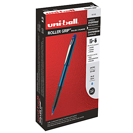 uni-ball® Grip Rollerball Pens, Micro Point, 0.5 mm, Blue Barrel, Blue Ink, Pack Of 12