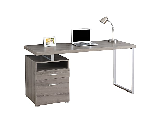 Monarch Specialties Contemporary Computer Desk With 2 Drawers And Open Shelf, Dark Taupe/Silver