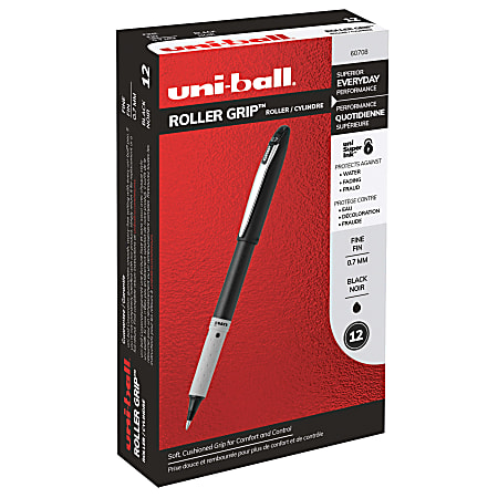 uni-ball® Grip Rollerball Pens, Fine Point, 0.7 mm, Black Barrel, Black Ink, Pack Of 12