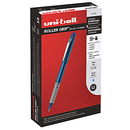 uni-ball® Grip Rollerball Pens, Fine Point, 0.7 mm, Blue Barrel, Blue Ink, Pack Of 12