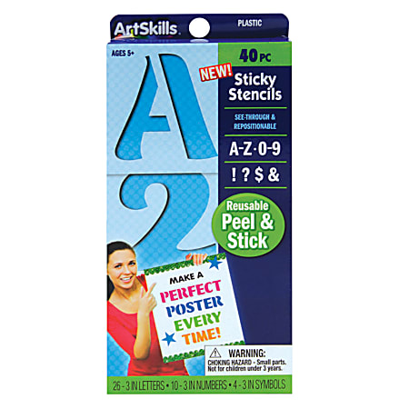 Artskills&reg; Sticky Stencils, 3", Numbers/Letters/Symbols, Blue, Pack Of 40