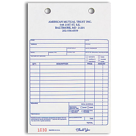 Custom Carbonless Business Forms, Pre-Formatted, Service Invoice