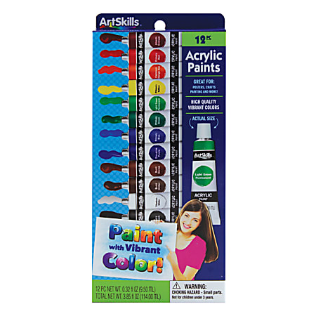 ArtSkills&reg; Acrylic Paints, 0.32 Oz, Assorted Colors, Pack of 12