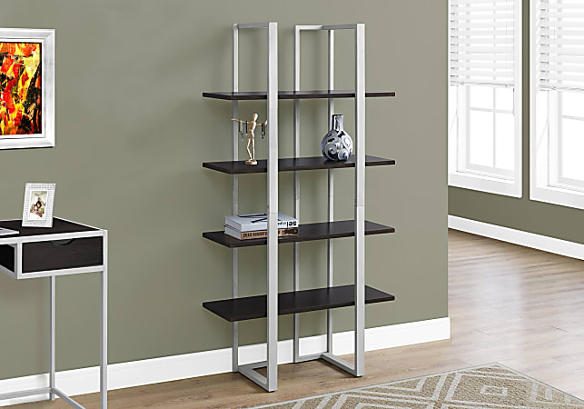 Monarch Specialties 4-Shelf Metal Bookcase, Cappuccino/Silver