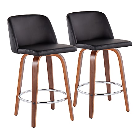 LumiSource Toriano Counter Stools, Black/Walnut/Round Chrome Footrest, Set Of 2 Stools