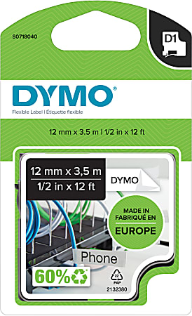 Dymo D1 High-Performance Flexible Nylon Fabric Tape For DYMO LabelManager Label Makers, 1/2” x 12’, Black Print on White