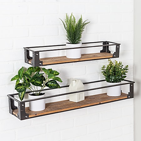 Honey Can Do Floating Decorative Metal And Wood Wall Shelves, 4”H x 7”W x 32”D, Rustic, Set Of 2 Shelves