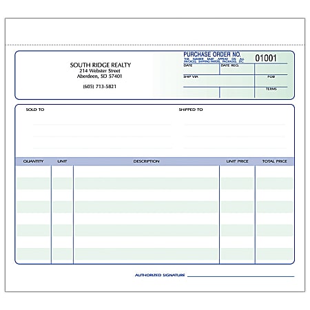 Custom Carbonless Business Forms, Pre-Formatted, Purchase Order Forms, Ruled, 8 1/2” x 7”, 2-Part, Box Of 250