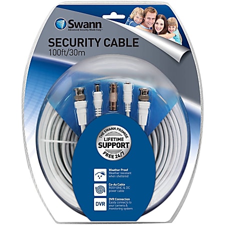 Swann Video & Power 100ft / 30m BNC Cable - First End: 1 x BNC Male Video, First End: 1 x Male Power - Second End: 1 x BNC Male Video, Second End: 1 x Female Power - Shielding - White