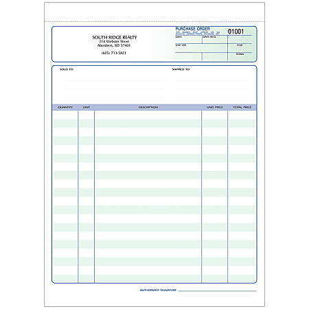 Custom Carbonless Business Forms, Pre-Formatted, Purchase Order Forms, Ruled, 8 1/2&rdquo; x 11&rdquo;, 2-Part, Box Of 250