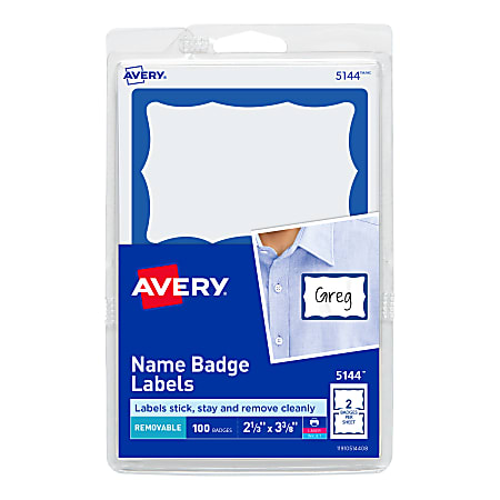 Avery® Name Tags, 05144, 2-1/3" x 3-3/8", White With Blue Border, 100 Removable Name Badges