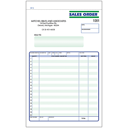 Sales Order Forms, Ruled, 5 1/2" x 8 1/2", 3-Part, Box Of 250