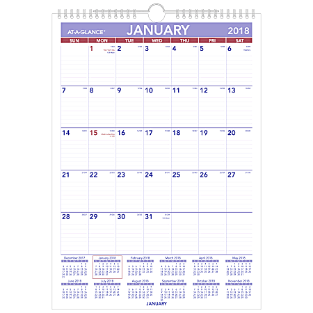 AT-A-GLANCE® Monthly Wall Calendar, 12" x 17", Blue/Red, January to December 2018 (PM228-18)