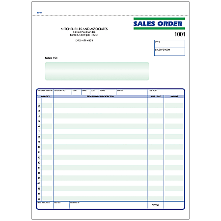 Custom Carbonless Business Forms, Pre-Formatted, Sales Order Forms, Ruled, 8 1/2” x 11”, 3-Part, Box Of 250