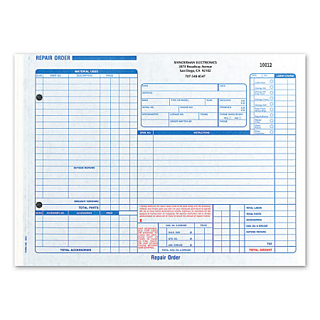 Custom Carbon Pre-Formatted, Auto Repair Order Forms, 11” x 8-1/2”, 3-Part, Box of 250