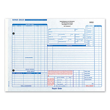 Custom Carbon Business Forms, Pre-Formatted, Repair Order Forms,