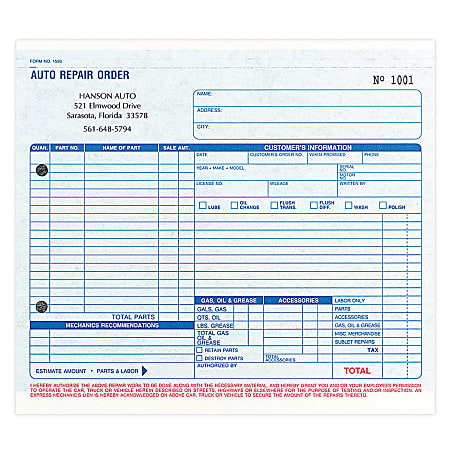 Custom Carbon Pre-Formatted, Auto Repair Order Forms, 8-1/2” x 7”, 3-Part, Box of 250