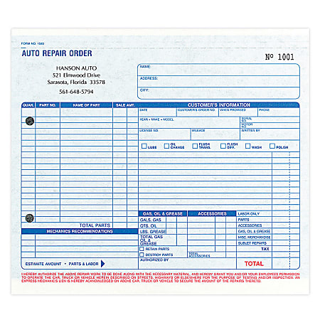 Custom Carbon Business Forms, Pre-Formatted, Auto Repair Order
