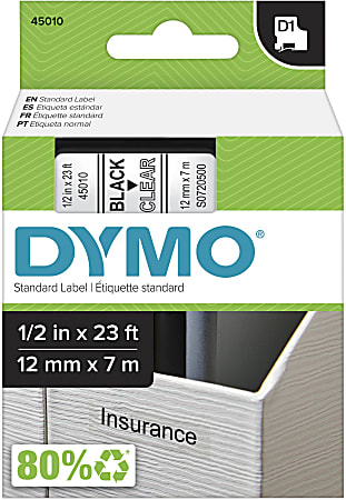 DYMO® D1 Standard Label Tape, 45015, Rectangle, 0.5" x 23', Black On Clear