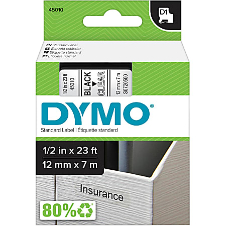 DYMO® D1 Standard Label Tape, 45015, Rectangle, 0.5" x 23', Black On Clear