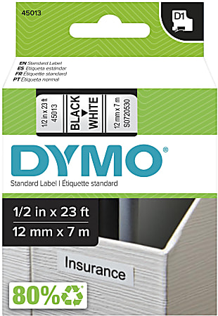 DYMO® D1 45013 Black-On-White Tape, 0.5" x 23'