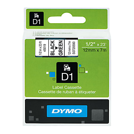 DYMO® D1 45019 Black-On-Green Tape, 0.5" x 23'