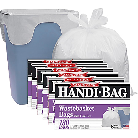 Webster Handi-Bag Wastebasket Bags, 8 gal, 21.50"x 24"x0.60 mil (15 Micron) Thickness, White, Hexene Resin, Count 780 - HAB6FW130CT
