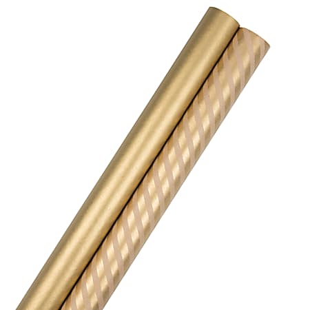 JAM Paper® Wrapping Paper, Stripes & Solids Combo, 25 Sq Ft Each, Gold, 2/Pack