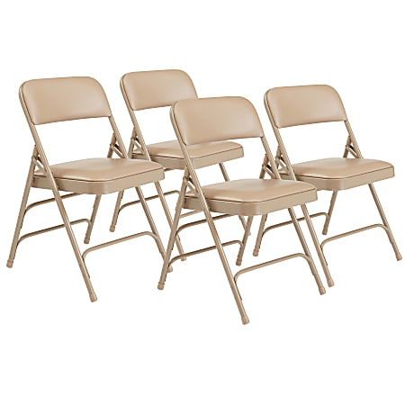 National Public Seating Vinyl Upholstered Triple Brace Folding Chairs, Beige, Pack Of 4