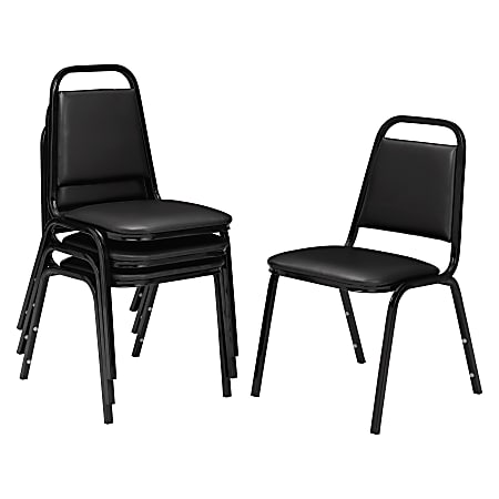 National Public Seating Square Back Padded Vinyl Seat, Banquet Stack Chair, 15 3/4" Seat Width, Black Seat/Black Frame, Set of 4