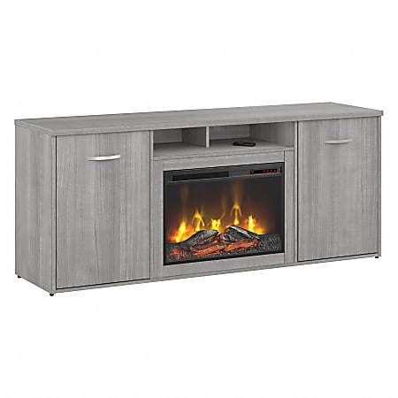 Bush® Business Furniture 72"W Office Storage Cabinet With Doors And Electric Fireplace, Platinum Gray, Standard Delivery