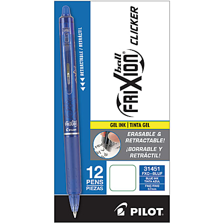 Pilot® FriXion® Clicker Erasable Gel Pens, Fine Point, 0.7 mm, Blue Barrel, Blue Ink, Pack Of 12 Pens