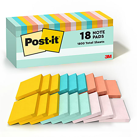 Post-it® Notes, 3" x 3", Beachside Cafe Collection, Pack Of 18 Pads
