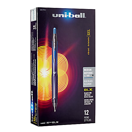 uni-ball® 207™ BLX Series Retractable Gel Pens, Medium Point, 0.7 mm, Black Barrel, Blue Ink, Pack Of 12 Pens