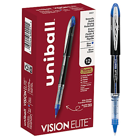 uni-ball® Vision™ Elite™ Rollerball Pens, Ultra-Fine Point, 0.5 mm, Black Barrel, Blue Ink, Pack Of 12 Pens