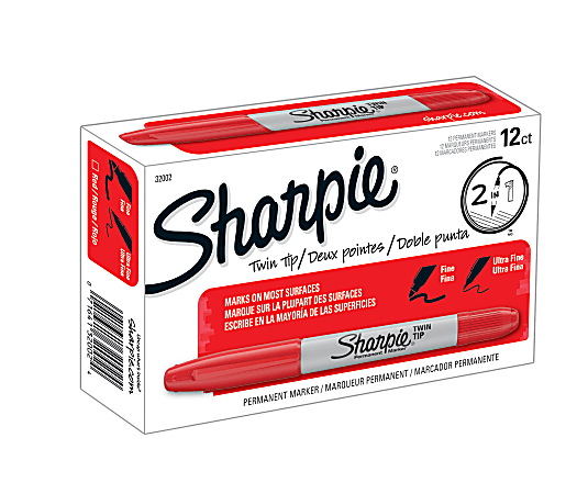 Sharpie® Twin-Tip Permanent Markers, Fine/Ultra Fine Points, Red, Pack Of 12